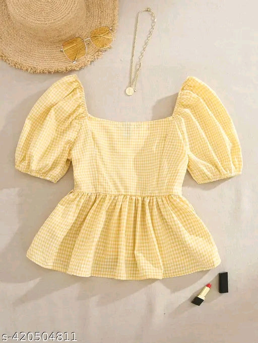 YELLOW CASUAL GINGHAM COTTON WESTERN STYLISH WOMENS TOP FOR GIRLS